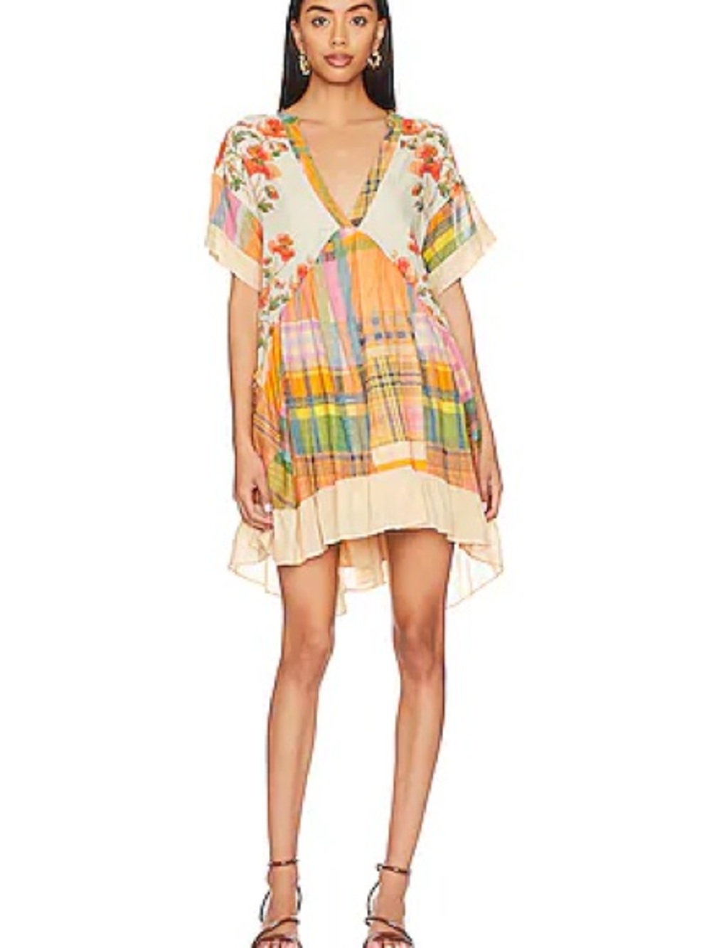 Free People Cream Floral Plaid V-Neck Mini Dress with Orange Accents